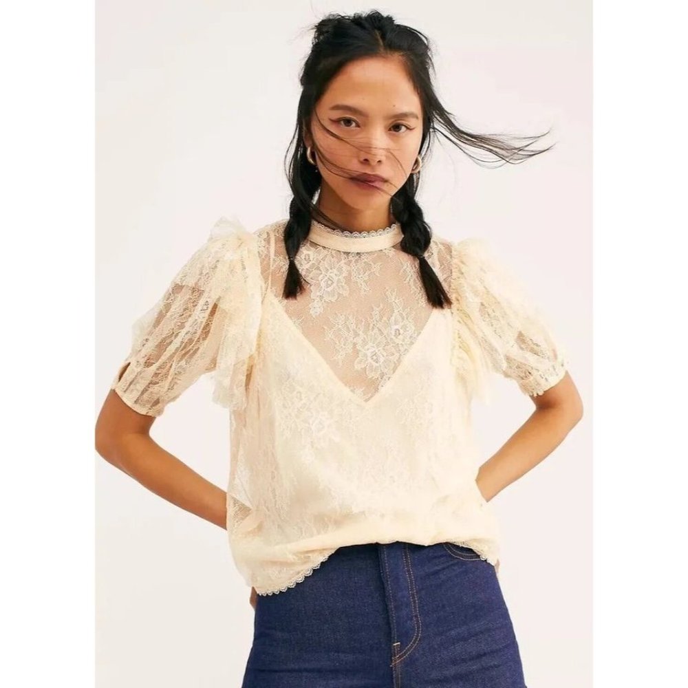 Free People women's XS cream overlay lace puff high neck sleeve blouse
